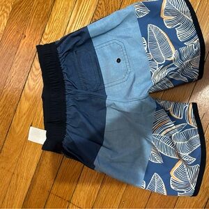 Blue Leaf Pattern Kids Swim Trunks